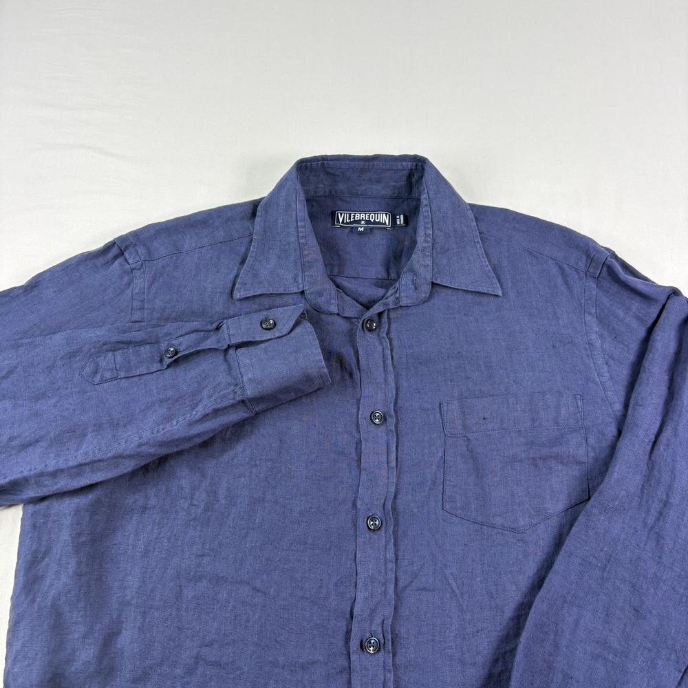 Vilebrequin Linen Shirt Mens Medium Blue Button Up Long Sleeve Beach